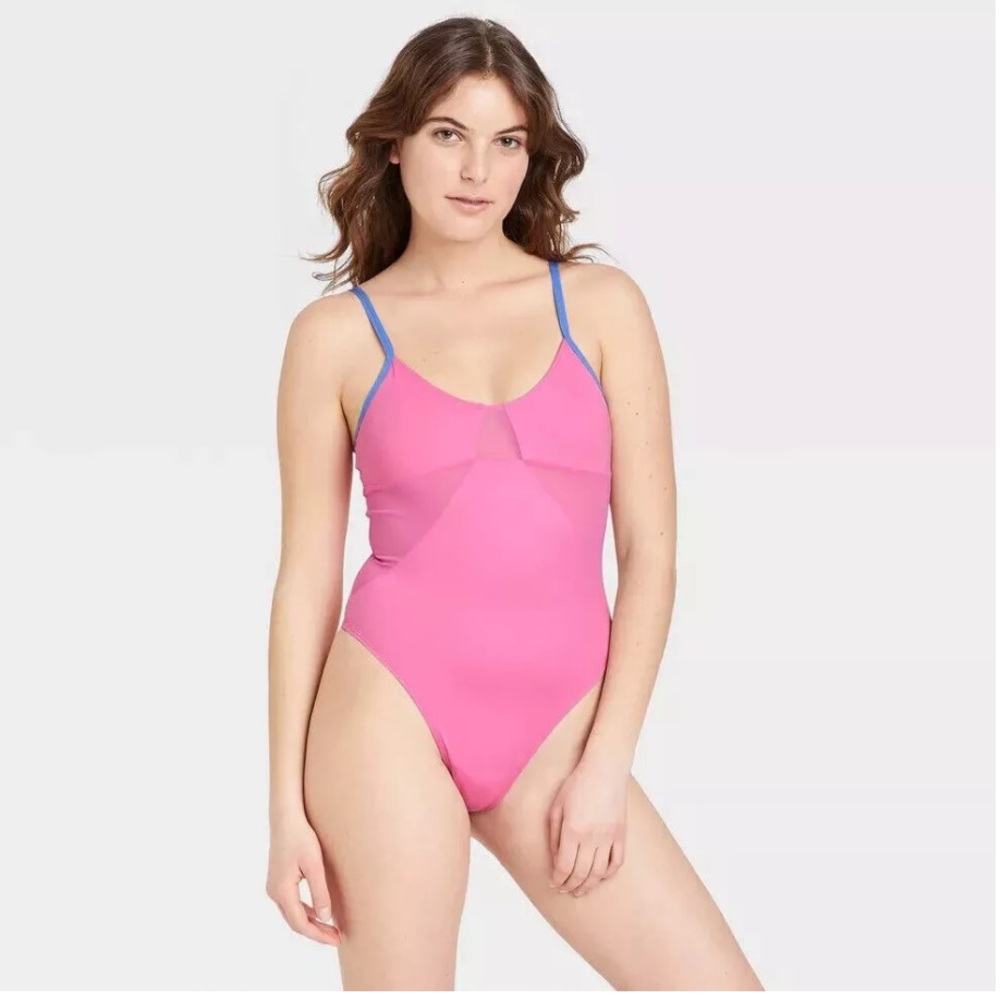 Colsie Mesh Insert Pink Bodysuit with Blue Trim
